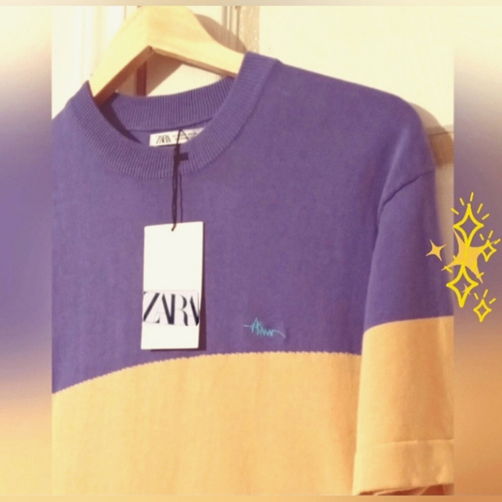 ZARA🦋Chic Purple & Yellow Short Sleeve Cotton Knit T-shirt Sz: S
